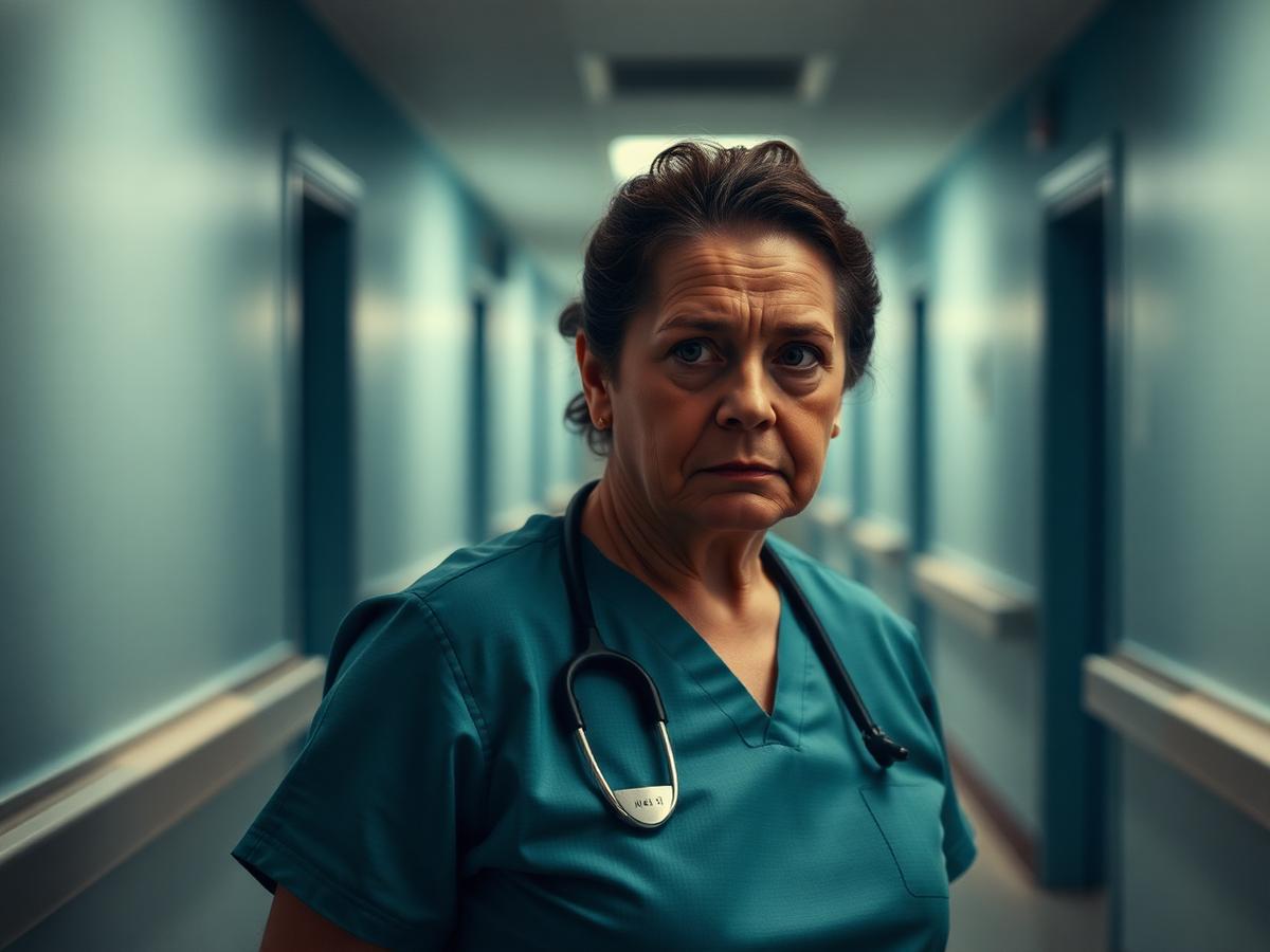 A nurse at the end of a long night shift standing in a hospital corridor