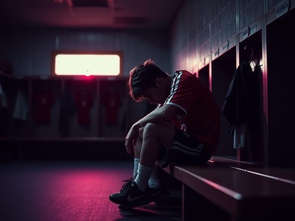 A teenage soccer player sitting alone on a locker room bench after a match